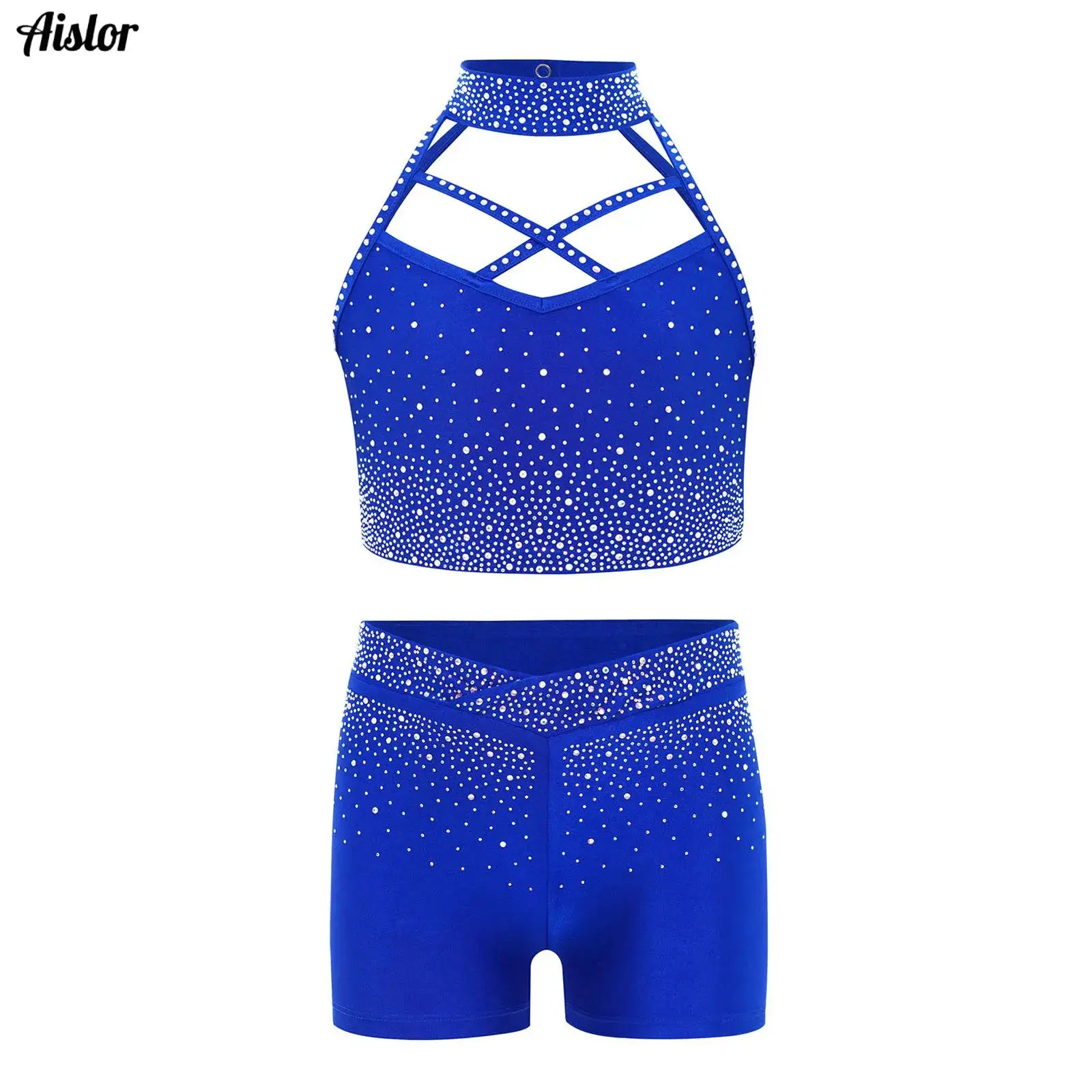 

2Pcs Kids Girls Gymnastics Dance Performance Costumes Halter Sleeveless Cross Front Backless Sparkly Rhinestones Crop Top+Shorts
