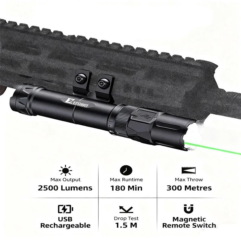 

2500 Lumens Rifle Laser Light Combo Rechargeable Ar Light Laser Magnetic Remote Switch Tactical Rifle Flashlight Strobe Mode M-L