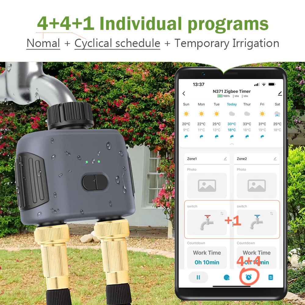 (N371) Zigbee Outdoor Faucet Timer with Rain Delay & App Scheduling Dual-Zone Irrigation Controller for Garden Lawn (NO Gateway)