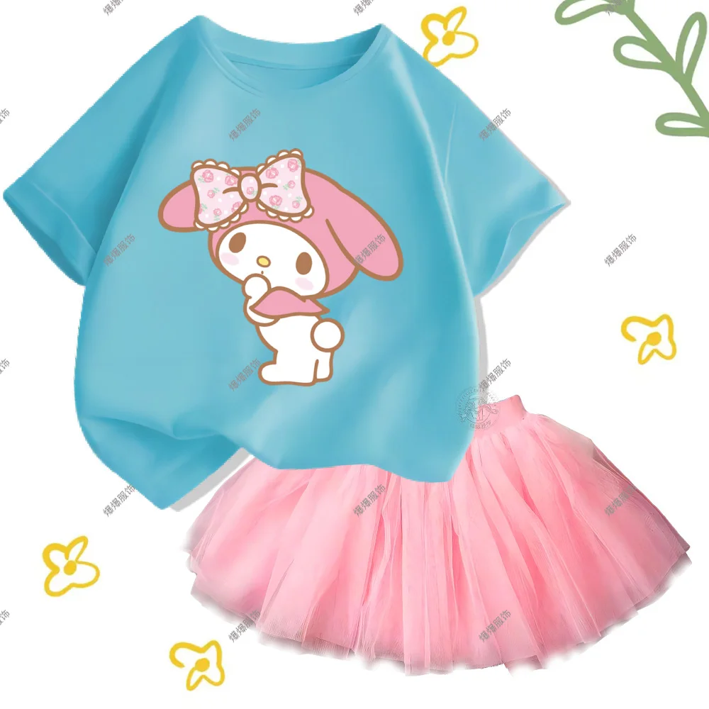 New Children's Quality Clothing Sets Cotton Crewneck Tops T-Shirt Plus Tulle Skirt Cartoon Printed Party Girls Multi-Color Suit