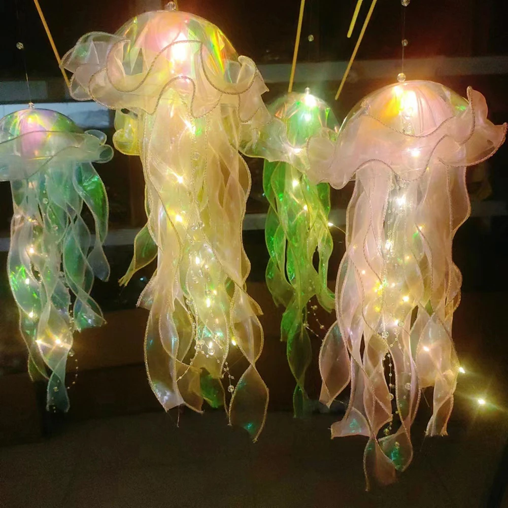 Jellyfish Atmosphere Night Light Button Battery Hanging Ceiling Lantern Realistic with Ribbon&Bead for Room Decoration