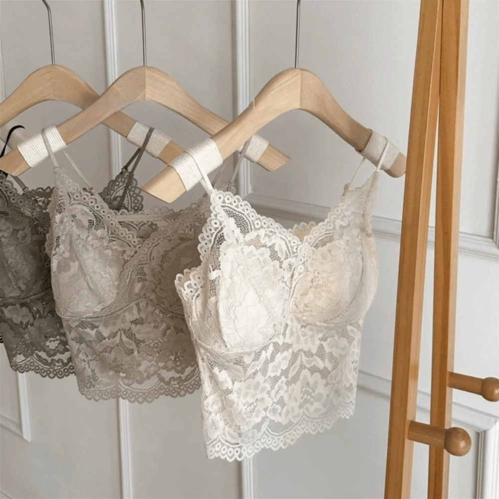 Mesh Flower Slim Lace Crop Top Sweet Spring And Summer Girl's Vest Top Spicy Girls Style Bottoming Shirt Camisole with Pads