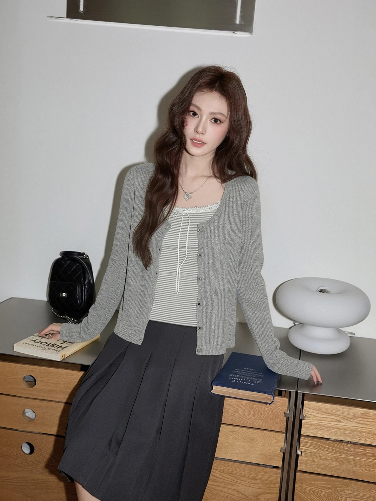 

Women's Spring Knitted Cardigan And Tank Top Set with Knot Two-Piece Ensemble Breathable Medium Weight Long Sve