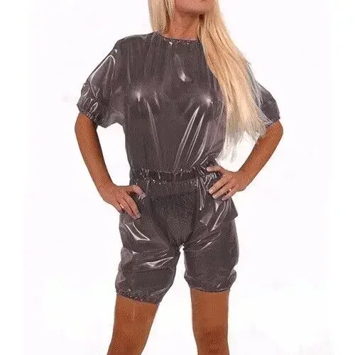 100% Latex Gummi Graues transparentes sexy Damen oberteil und Shorts Halloween fashion