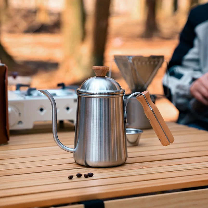 Hand Brewed Coffee Pot With Wooden Handle,304 Stainless Steel Portable 650ml Long Mouthed Outdoor Camping, Fishing, Kettle,A1179