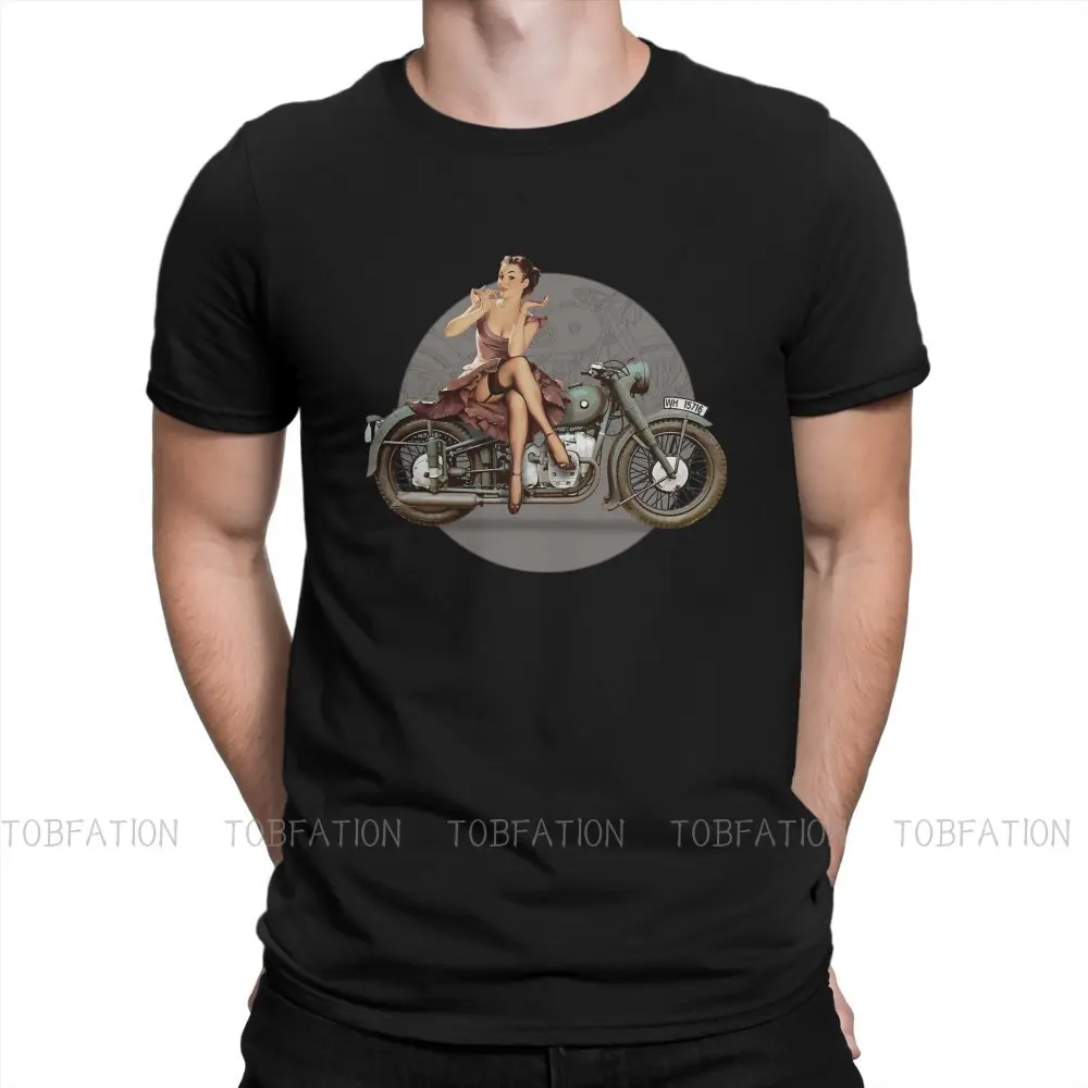 Pin Up Girl Motorcycle WWII TShirt Men Graphic Casual Crewneck Cotton T Shirt 2020