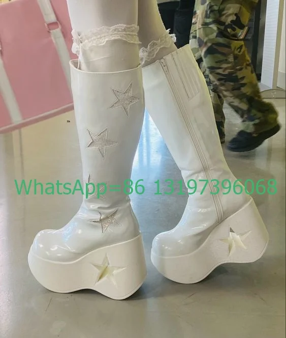 Lady Pink Five-Pointed Star Cut-Out Heel Boots Metallic Pu White Mary Janes Y2K Design Elegant Boots Platform Footwear Size 3546