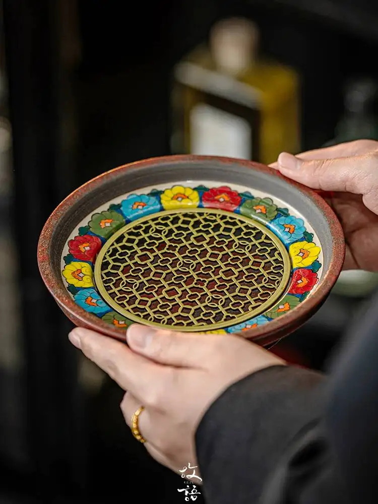 Hometown Hand-Painted Underglaze Color Dunhuang Flower Treasure Scented Tray Built Tea Ceremony Accessories Water Kettle Holder
