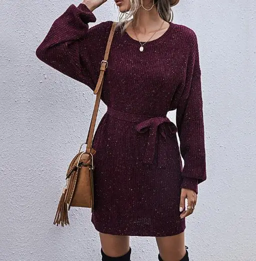 

Womens Dresses 2025 Spring Autumn New Solid Color Knitted Sweater Loose Lazy Lace Up Casual Round Neck Long Sleeve Mini Dress