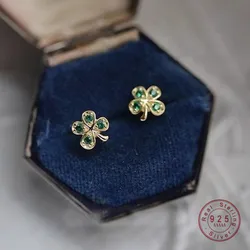 Real 925 Sterling Silver Cute Delicate Green Zircon Flowers Stud Earring For Women Girls Wedding Party Gift Jewelry