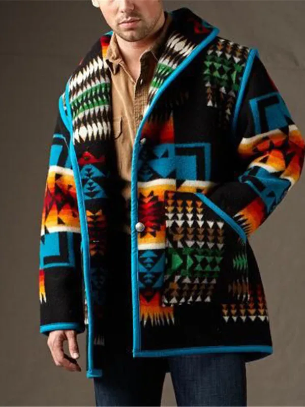 

Men's Printed Fce Lined Jaet Loose Winter Coat Faion Urban Sle Long Length Single Button Closure Geometric Pattern