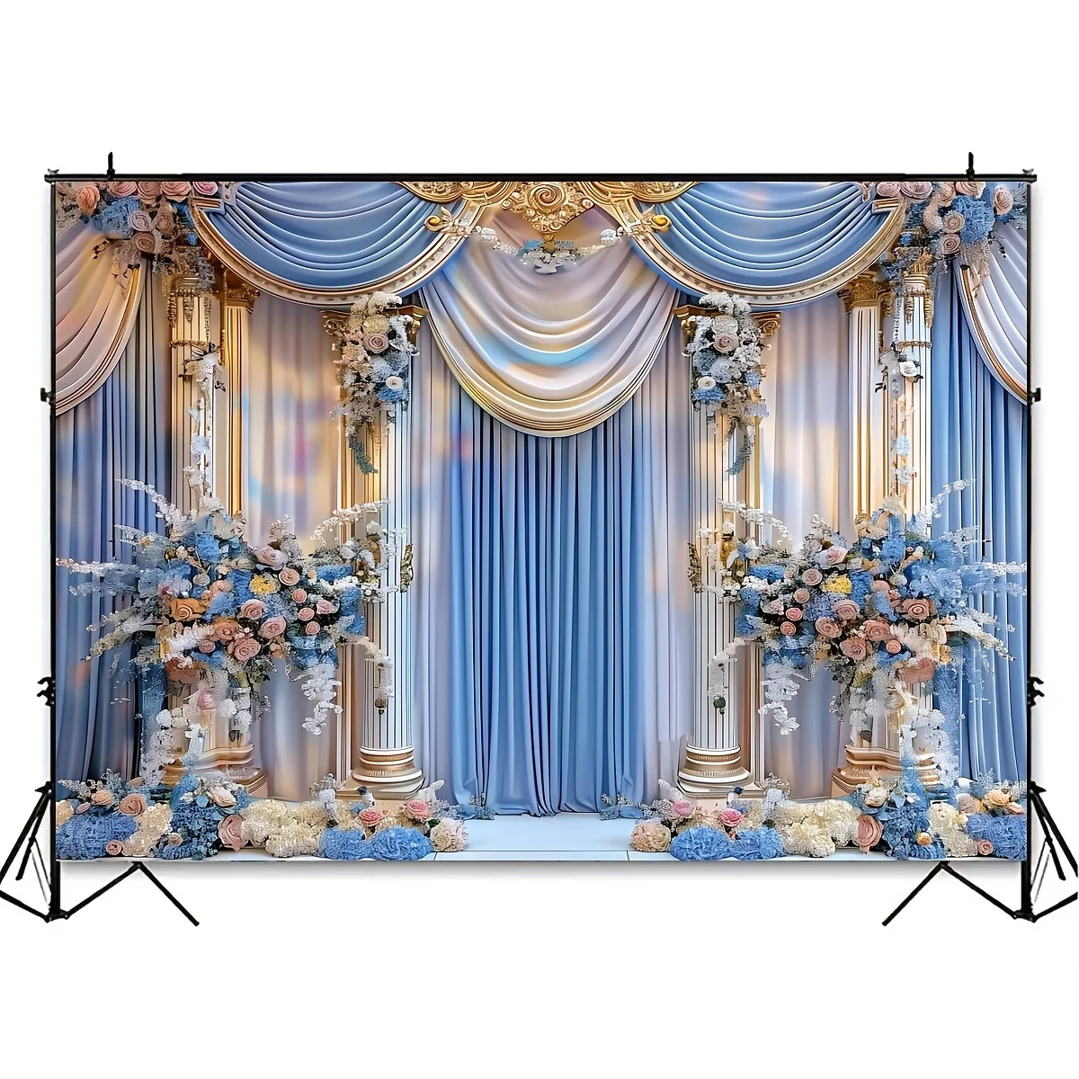 Blue and white fortress palace wedding background with colorful flowers - suitable for engagement party wedding decoration