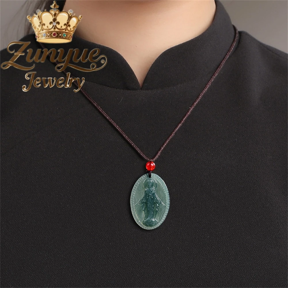 High-end natural a-grade jadeite azul água virgem maria pingente jade requintado pingente para homens e mulheres moda jóias