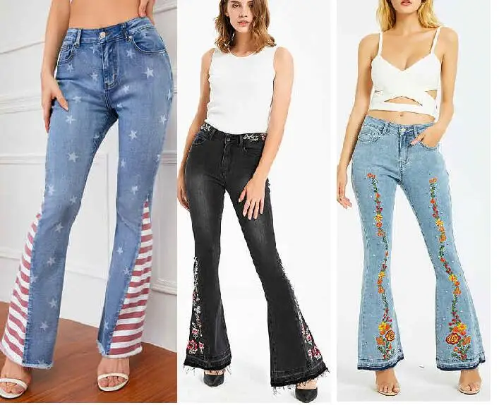 

Brand Luxury Trousers Women Embroider Flower Jeans Female Stretch Flare Wide Legged Pant Multiple Styles