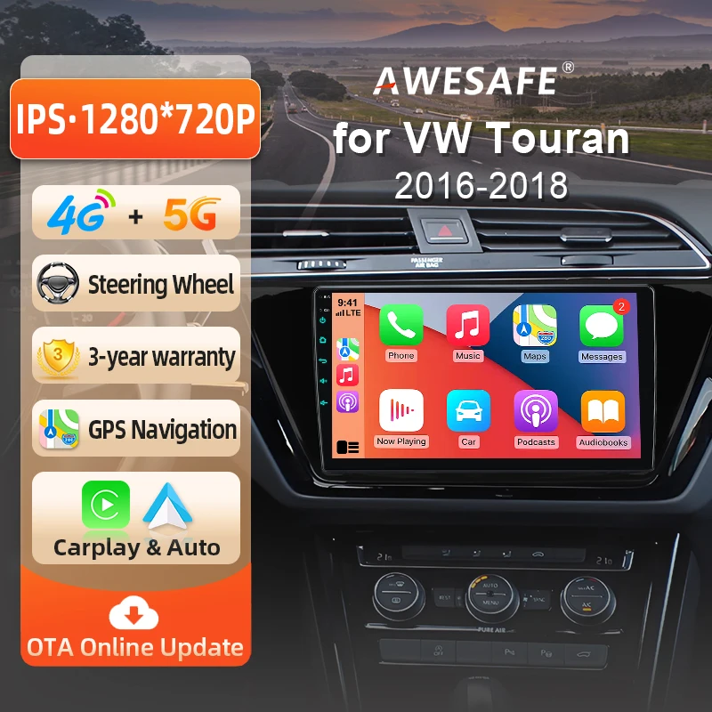 Autoradio Android AWESAFE 10 pouces pour Volkswagen Touran III Typ 5T 2016 2017 2018, CarPlay sans fil et Android Auto, navigation GPS, support multimédia, commande au volant, amplificateur de subwoofer, caméra arrière avec CAN-BUS, EU Plug and Play, DAB+, autoradio numérique 2 DIN