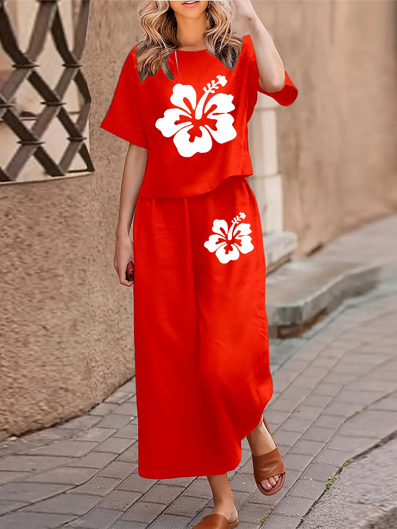 

Женский повседневный комплект из двух предметов больших размеров, футболка с короткими рукавами и принтом, брюки, комплект из двух предметов, свободный круглый вырез