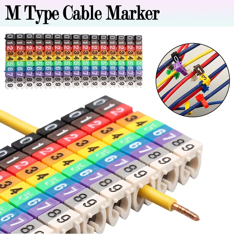 Colourful Cable Markers 100/150pcs M Type Digital Number Tag Label Tube Colored Wire Network Cable Numbering Marker Clips