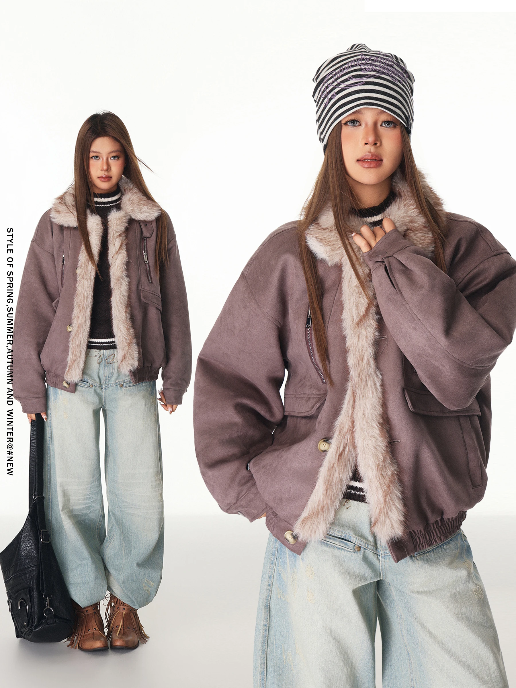 

Женское байкерское пальто American Sle, зимнее теплое свободное пальто с воротником из искусственного меха, винтажный дизайн, длинный воротник-стойка све