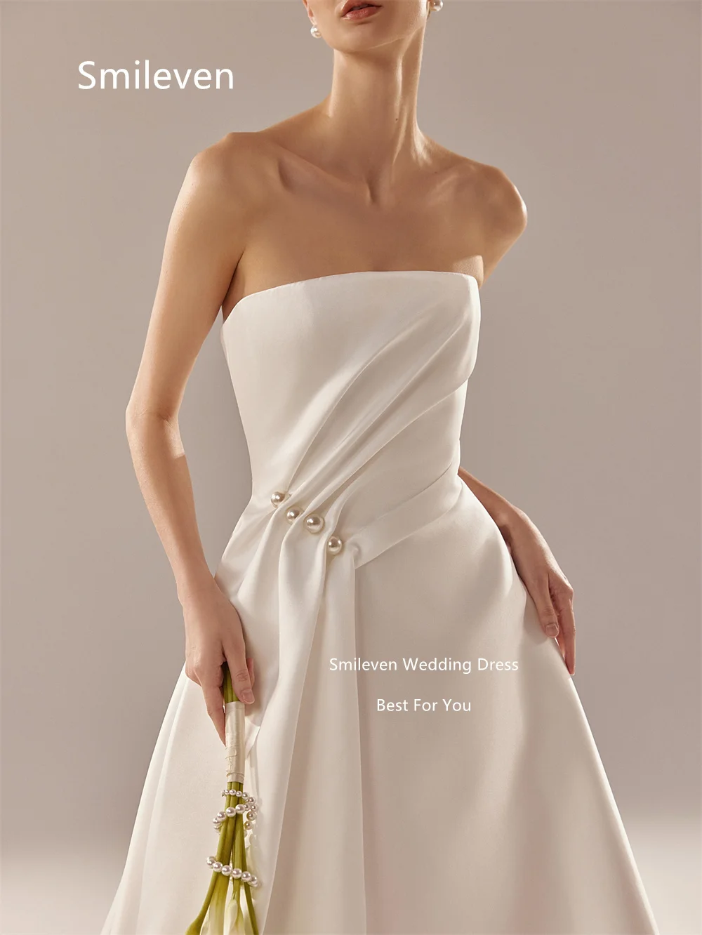 Smileven Ivory A Line Wedding Dresses Strapless Sleeveless Bridal Dress Side Pearl Decor Draped Twist Low Back Gowns Customized