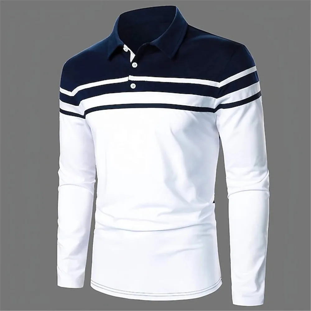 Men's Polo Shirt Golf Shirt Casual Holiday Classic Long Sleeve Fashion Color Block Button Summer Black Red Dark Navy Polo Shirt