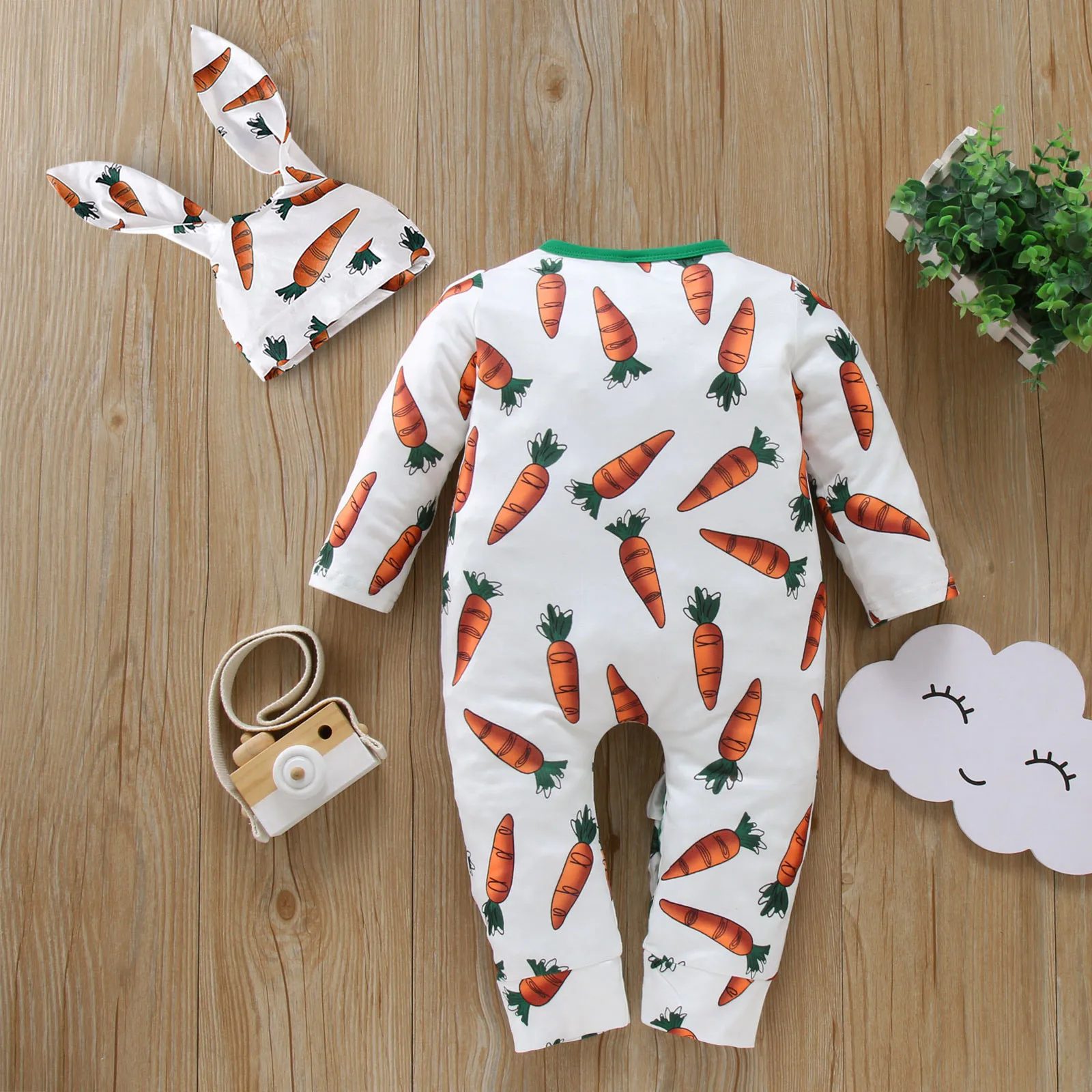 Infant Clothes Baby Boy Girl Cartoon Carrot Print Romper Jumpsuit+Rabbit Ears Hat Set Outfit Baby Autumn Winter Overall