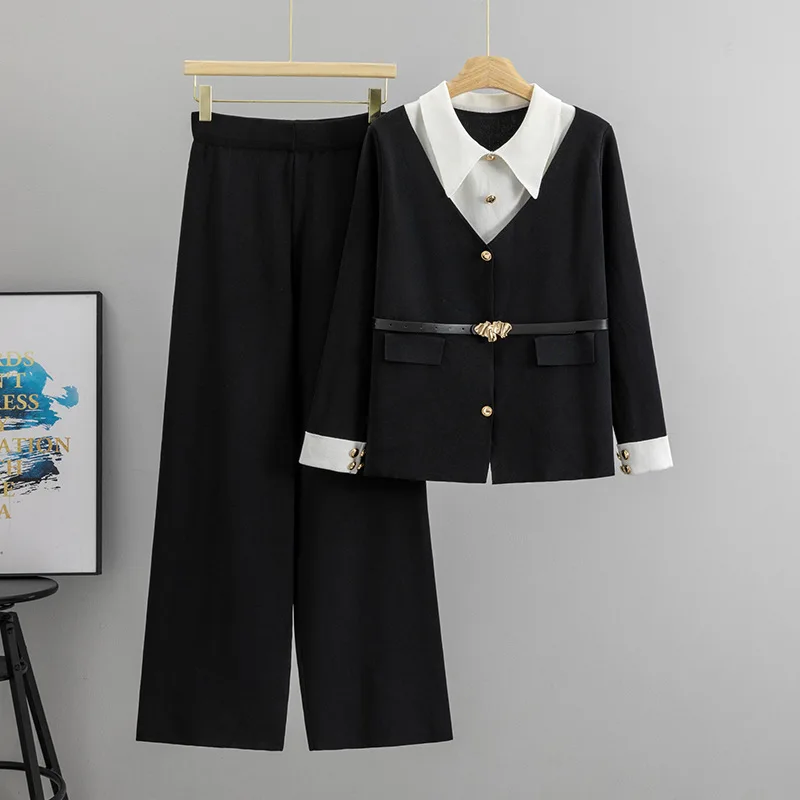 Sweater Suit Women Pullover Wide Leg Pants Autumn Winter 2 Piece Set Sashes Patchwork Knitted Outfits Jumper Trousers Ensemble