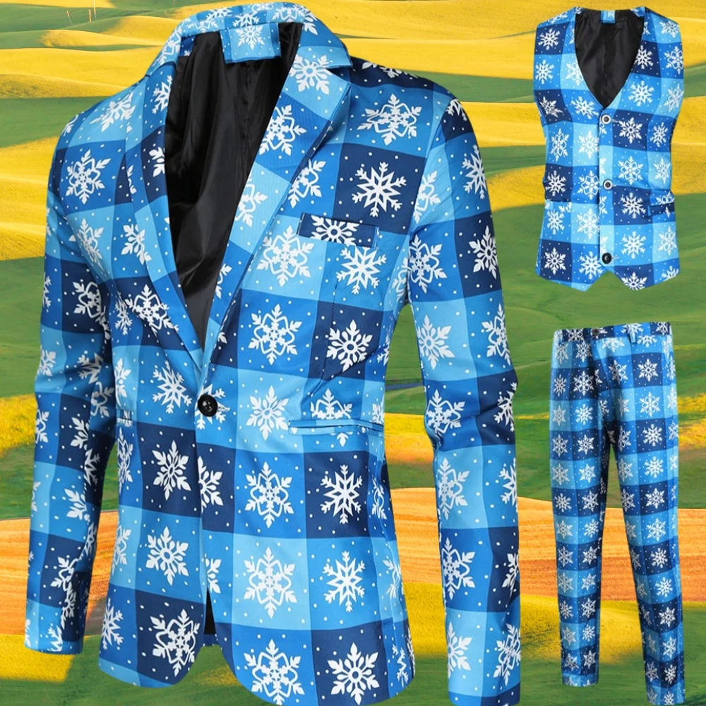 Suit for Men Christmas Day Party Prom Slim Fit3Pce(Blazer+Vest+Pants)Xmas Tree Print Dress Up Male Suit2Pce(Blazer or Vest+Pants