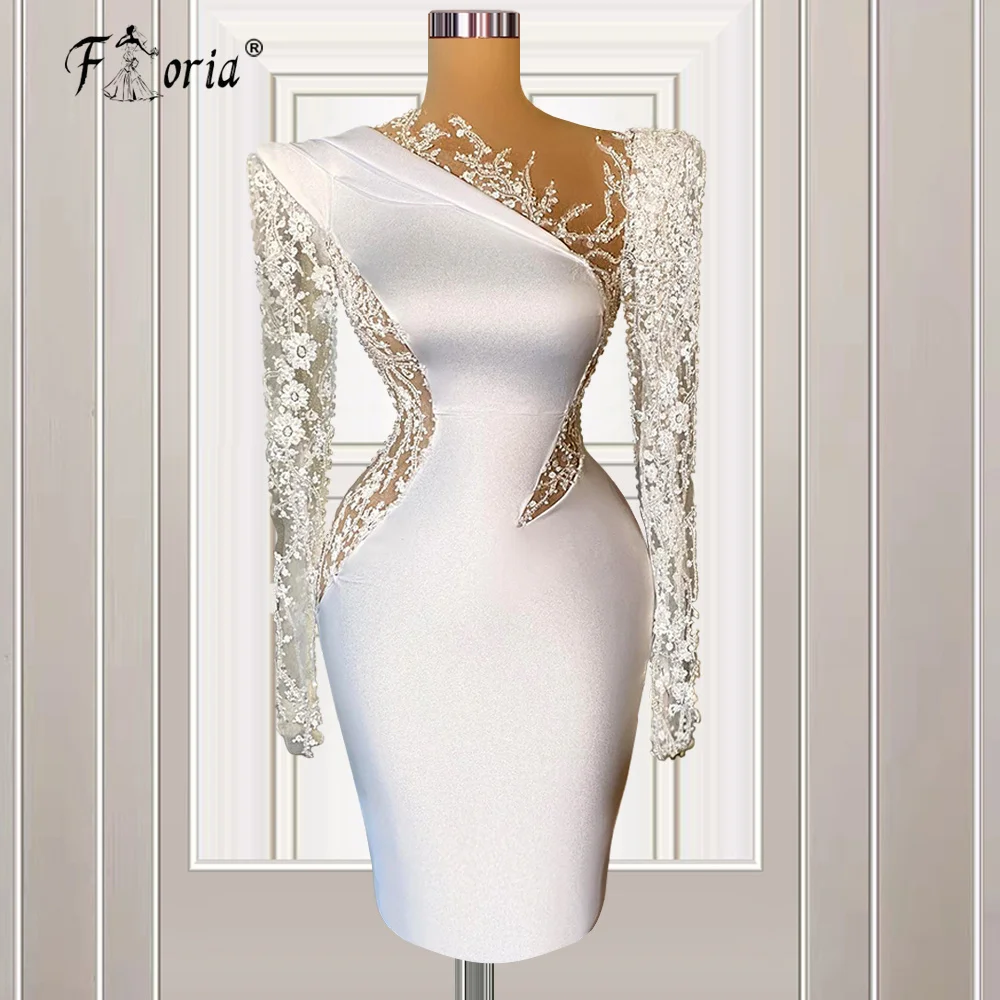 Graceful Ivory Satin Woman Party Dress 2022 Mermaid Pearls Lace Knee Length Prom Celebrity Dresses Robe de Cocktail Custom Made