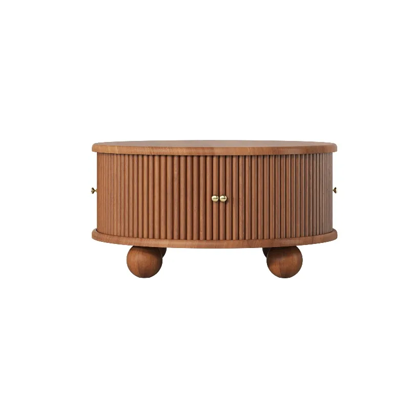Round Fluted Coffee Table with Storage, Pine Solid Wood, Sliding Door, Walnut, 31.8