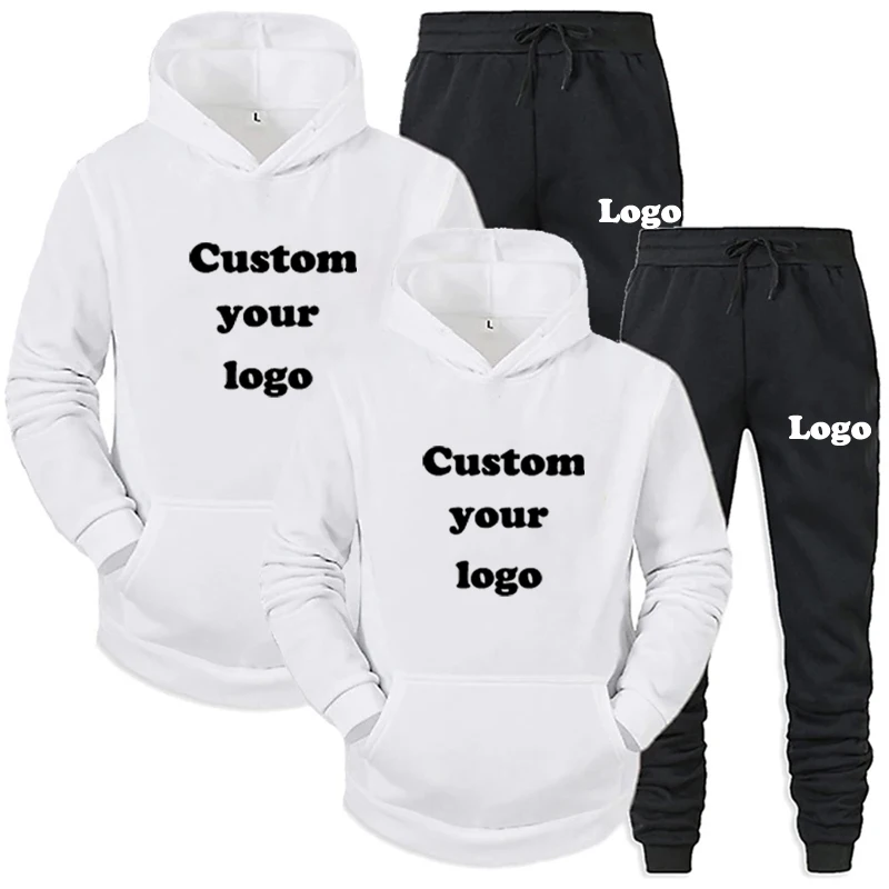 Design Your Logo Vintage Casual Suits Basics Unisex Couple Set Hoodie Long Pant Men Solid Pocket Spring Autumn Outfit Streetwear