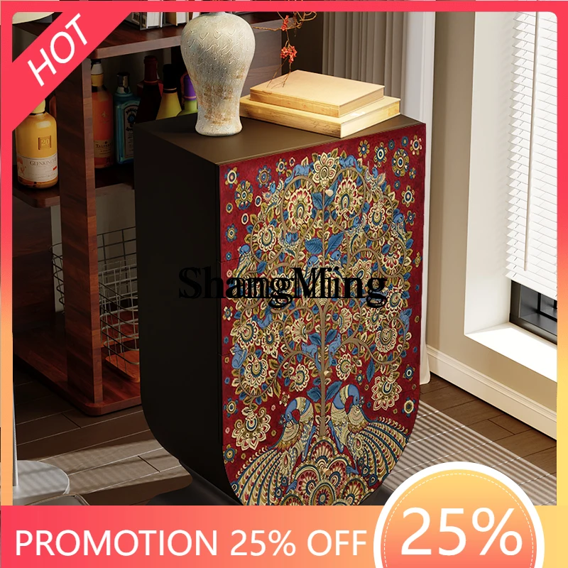 CL  style decorative solid wood art inverted round four chest cabinet living room against the wall TV next to the locker