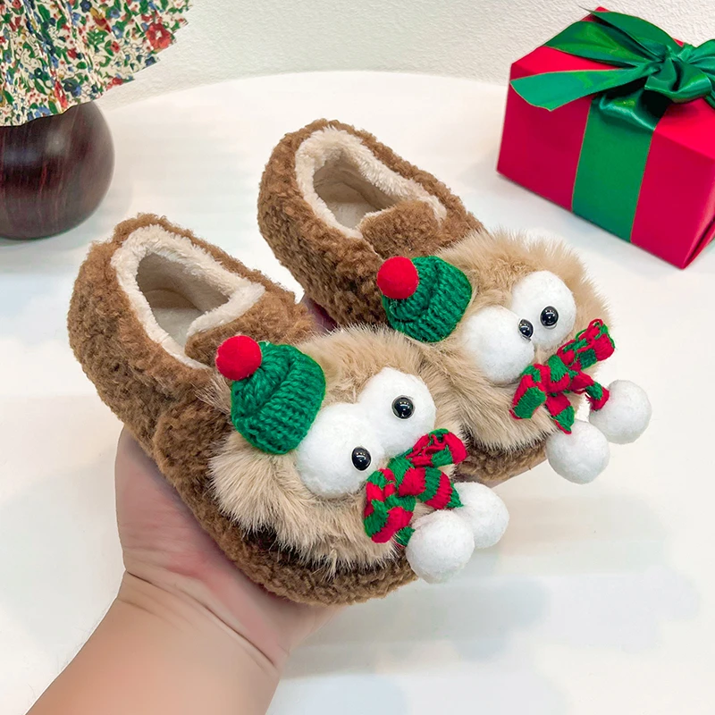 

Autumn Winter Children Furry Shoes Fashion Warm Kids Princess Shoes Korean Style Shallow Girls Shoe Cover Toe Plush Flat Shoes