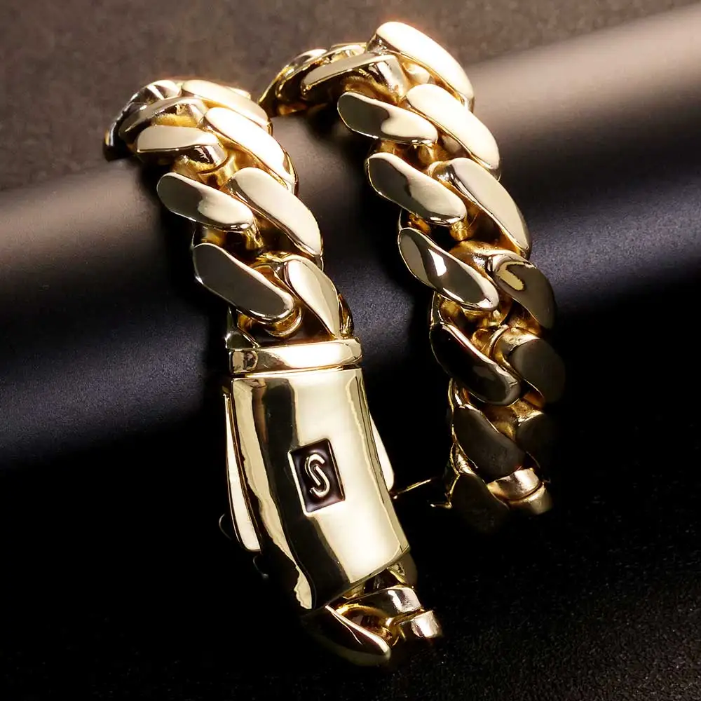 HHIOK Customized 20mm Monaco Bracelet 14K Gold Plated Smooth Buckle High Quality Hip Hop Miami Cuban Bracelet For a Good Friend