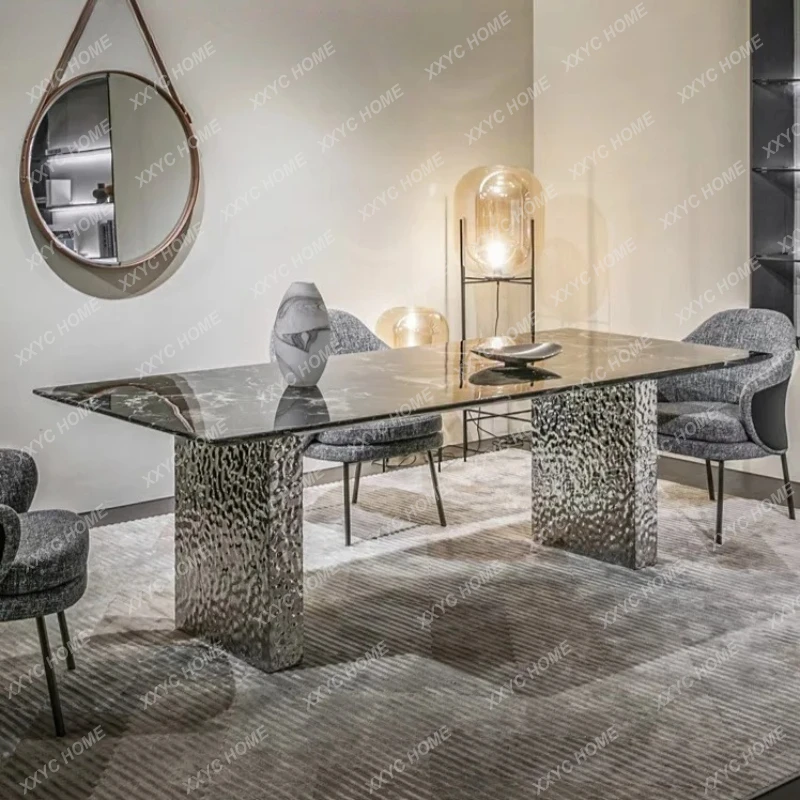 Hh2cc2 minimalist modern stainless steel water ripple suspension rectangular supercrystalline stone marble dining table
