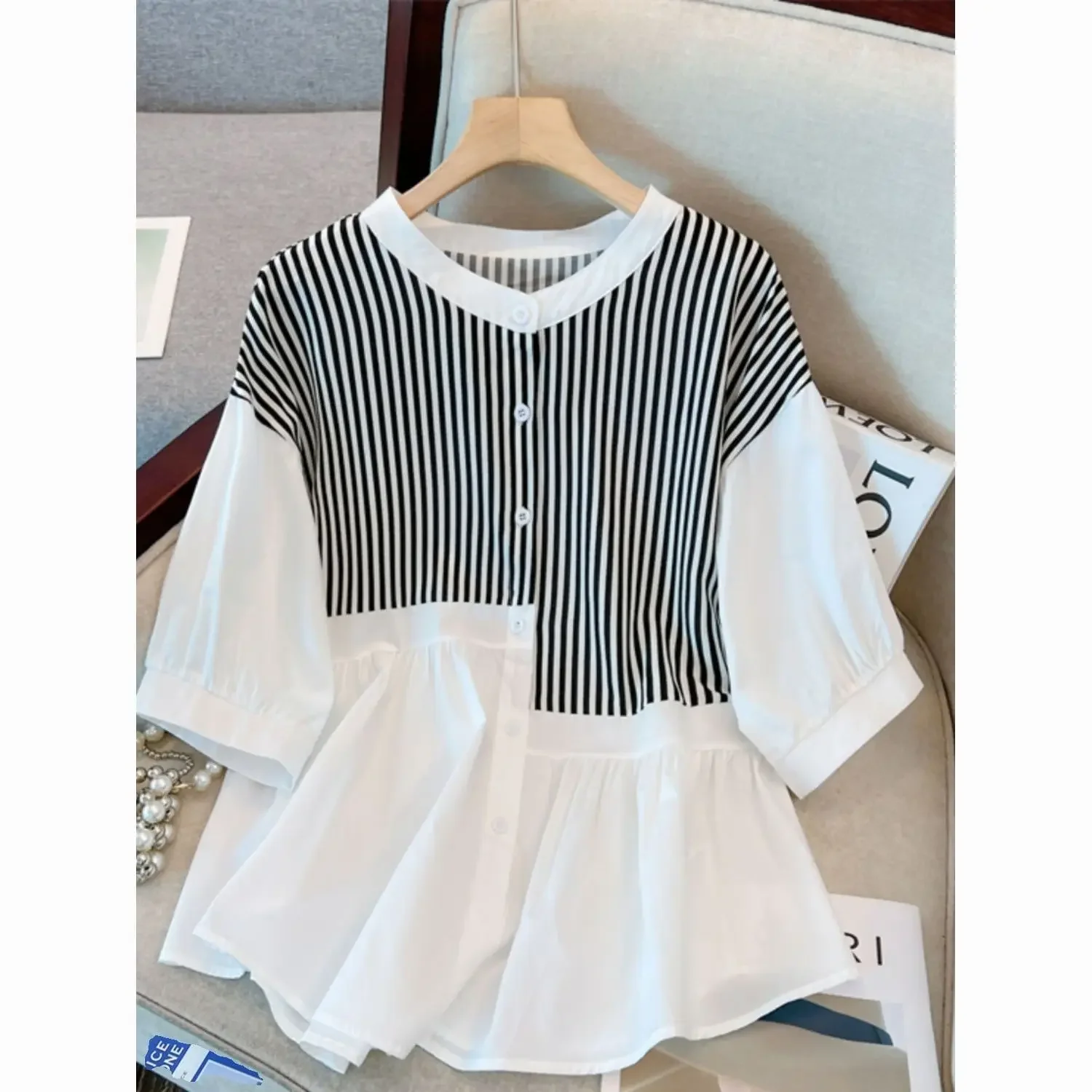 

Round Neck Patchwork Short Sleeved Striped Shirt for Women's Summer Oversized Casual Loose Slimming Belly Covering T-shirt Top