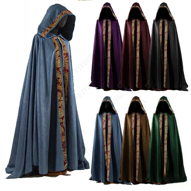 2023 Medieval Long Cape Halloween Party Adult Cosplay Unisex Mage Witchcraft Wicca Robe Conceal Gown Hooded Cloak Costume