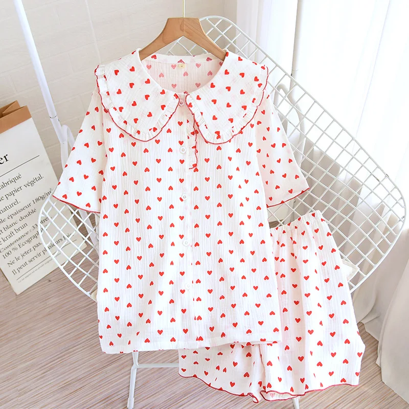 

Summer new Japanese women's pajamas short-sleeved shorts two-piece set 100% cotton crepe sweet and lovely love home service suit