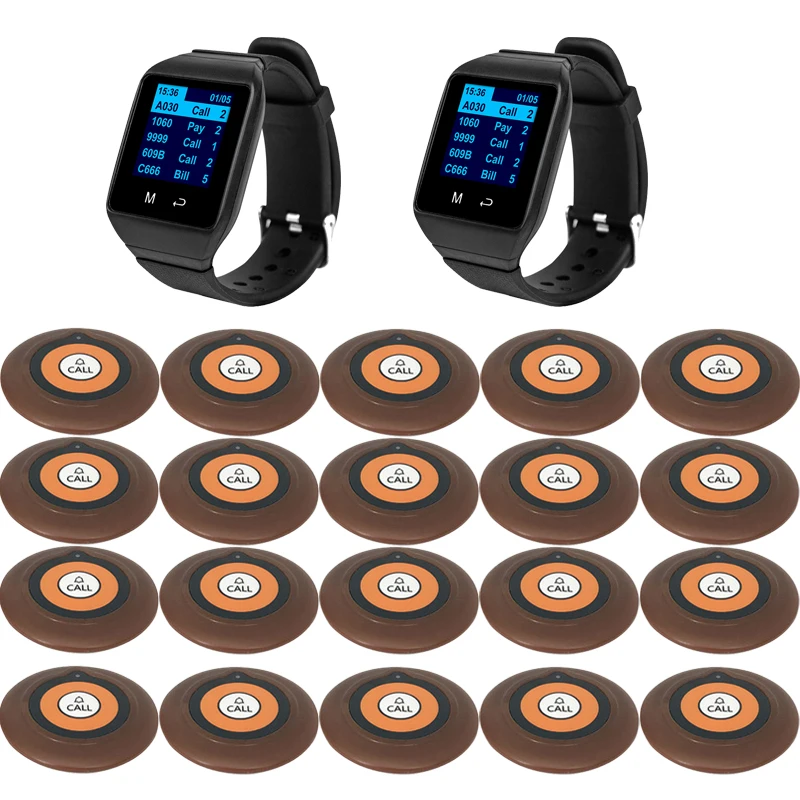 Hot Sales CTW09 Wireless Calling System 20 Call Buttons 2 Watch Pagers Restaurant Queue Buzzer for Food Truck Church Clinic Cafe