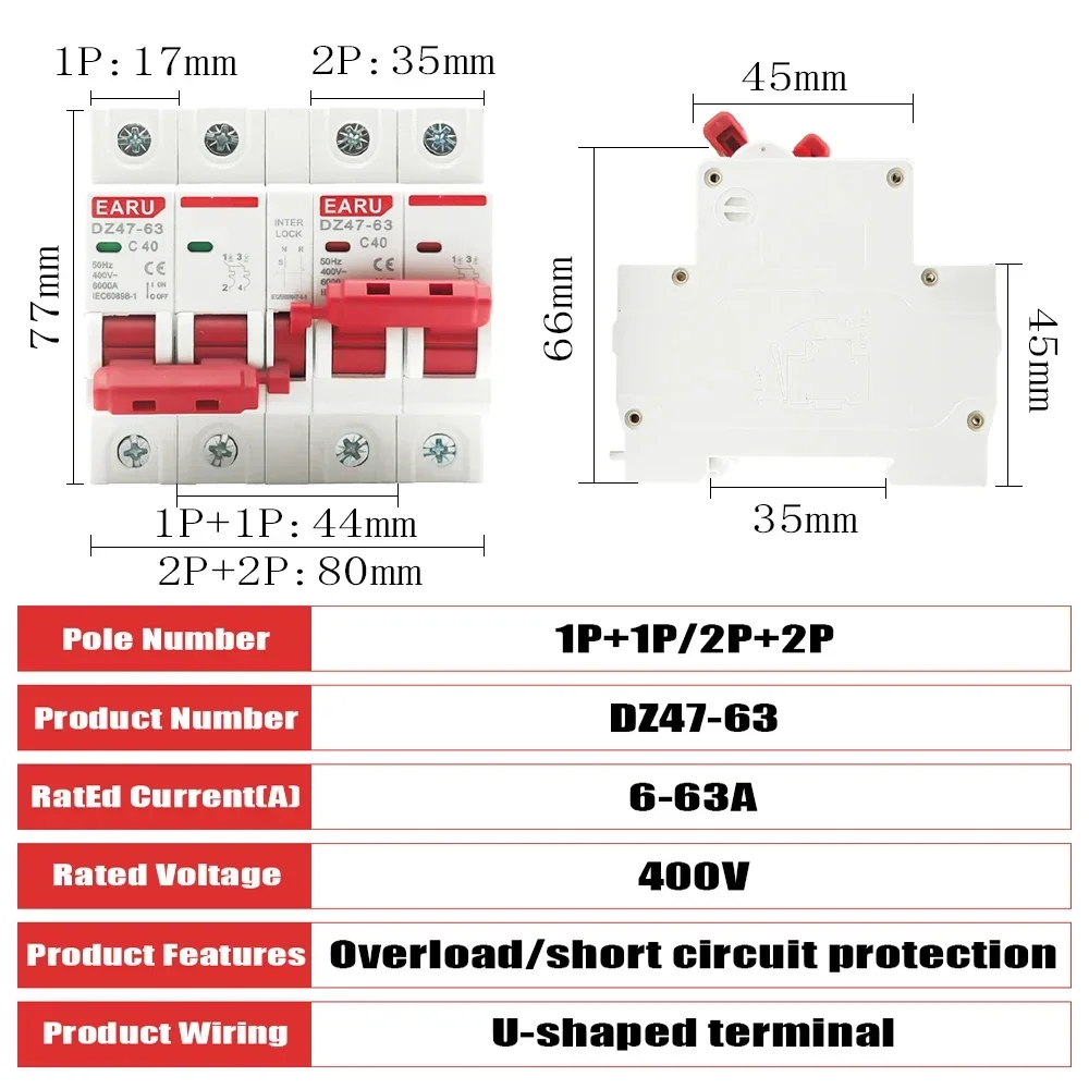 1P+1P 2P+2P MTS AC Dual Power Manual Transfer Interlock Circuit Breaker Din Rail Isolating Discounnecting Switch MCB 40A 63A