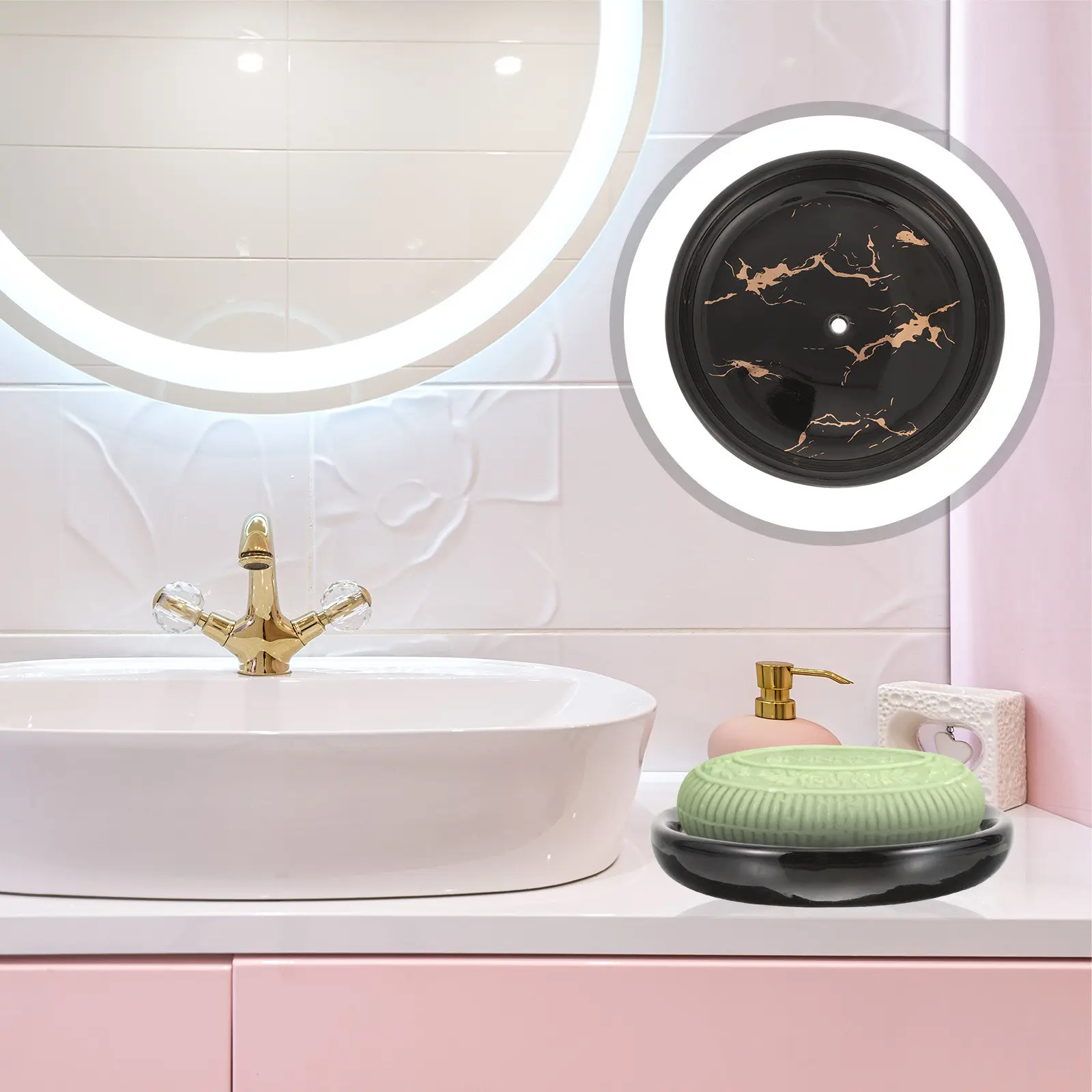 Self-Draining Marble Pattern Ceramic Soap Dish for Bathroom Kitchen Decorative Bar Soap Holder Drainable Jewelry Ring Dish