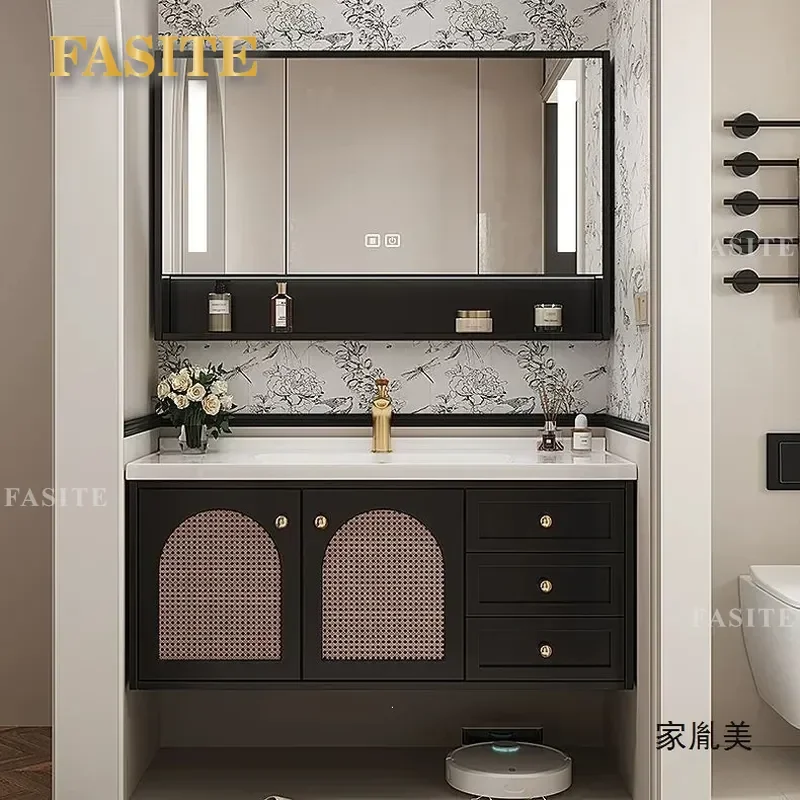 French Style Bathroom Vanity Cabinet Solid Rubber Wood Retro Rattan Design Ceramic Integrated Basin Antique Washbasin Combo