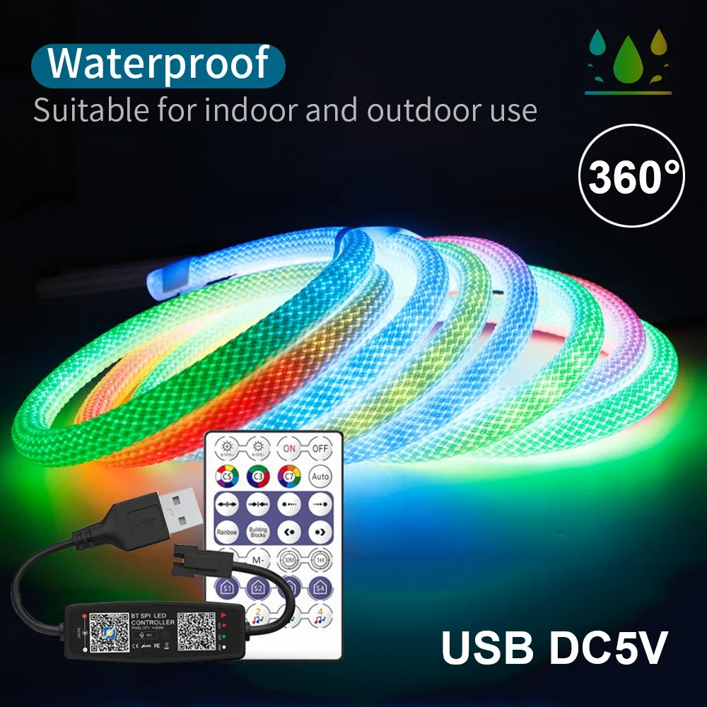 شرائط إضاءة سيليكون RGB IC، وأضواء نيون مرنة LED ذكية، وشرائط إضاءة مقاومة للماء 360 درجة قابلة للانحناء، ووحدة تحكم 24 مفتاحًا