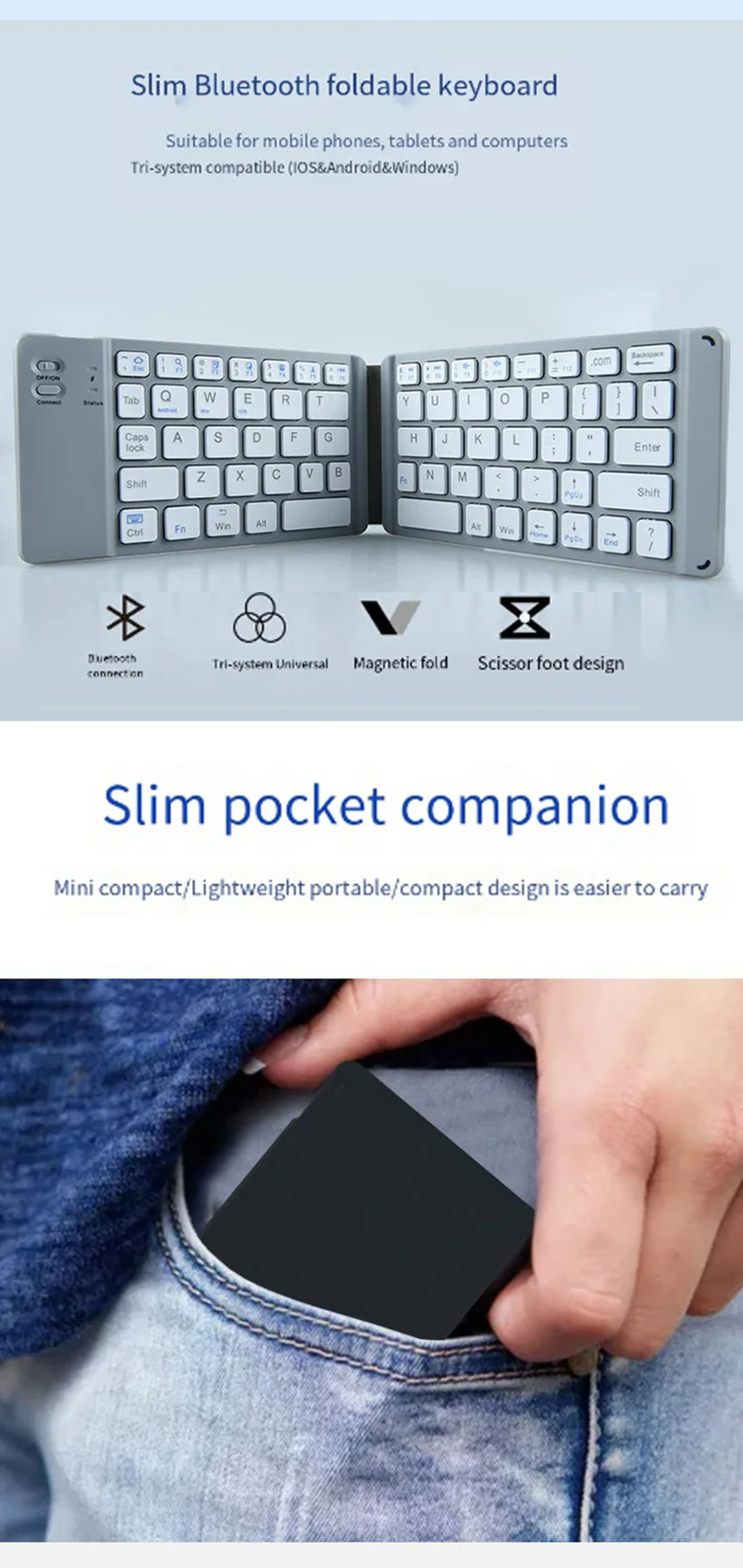 Mini clavier Bluetooth pliable, portable, sans fil, avec support, pour iOS, Android, Windows, smartphones, tablettes