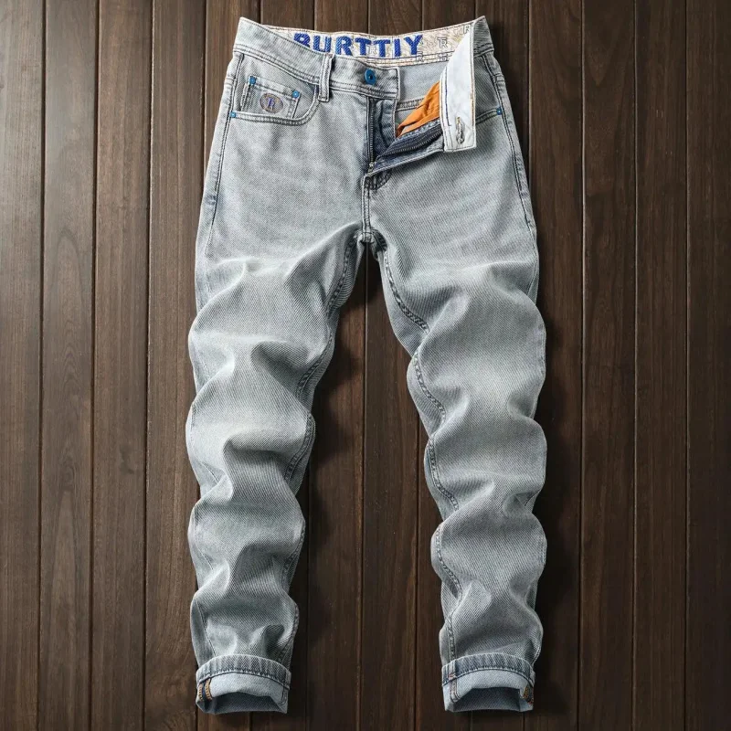 

2026 Summer Floral Season High-End Stretch Denim Jeans For Men Light Blue Casual Versatile Slim Fit Concise Style Slim Straight