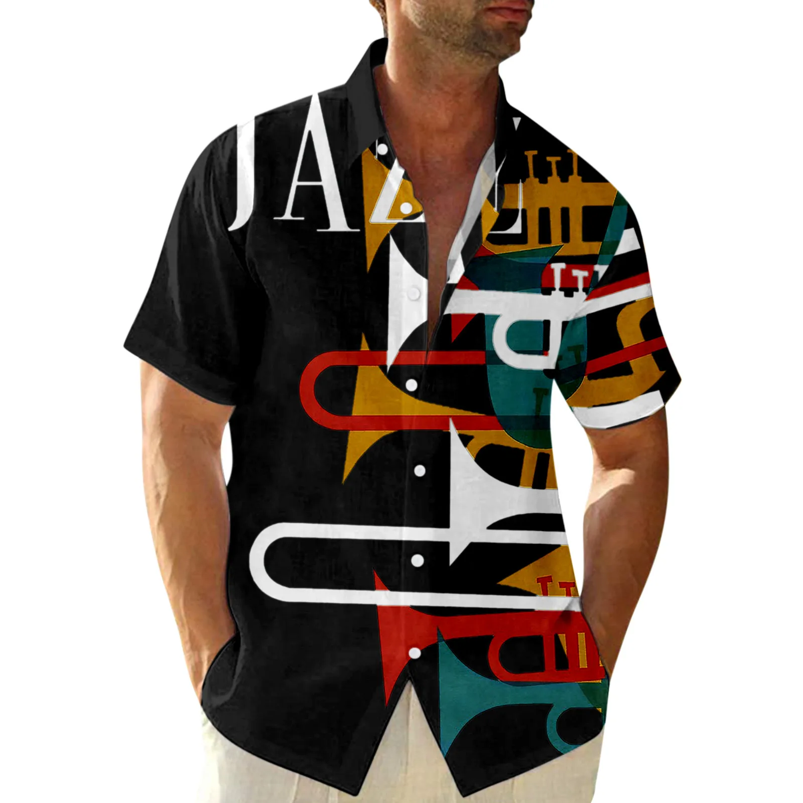 

Men Short Sleeve Jazz Print Music Cool Shirts For Mens Social Luxury Designer Man Clothes Hawaiian Elegant Classic Daily Fashion