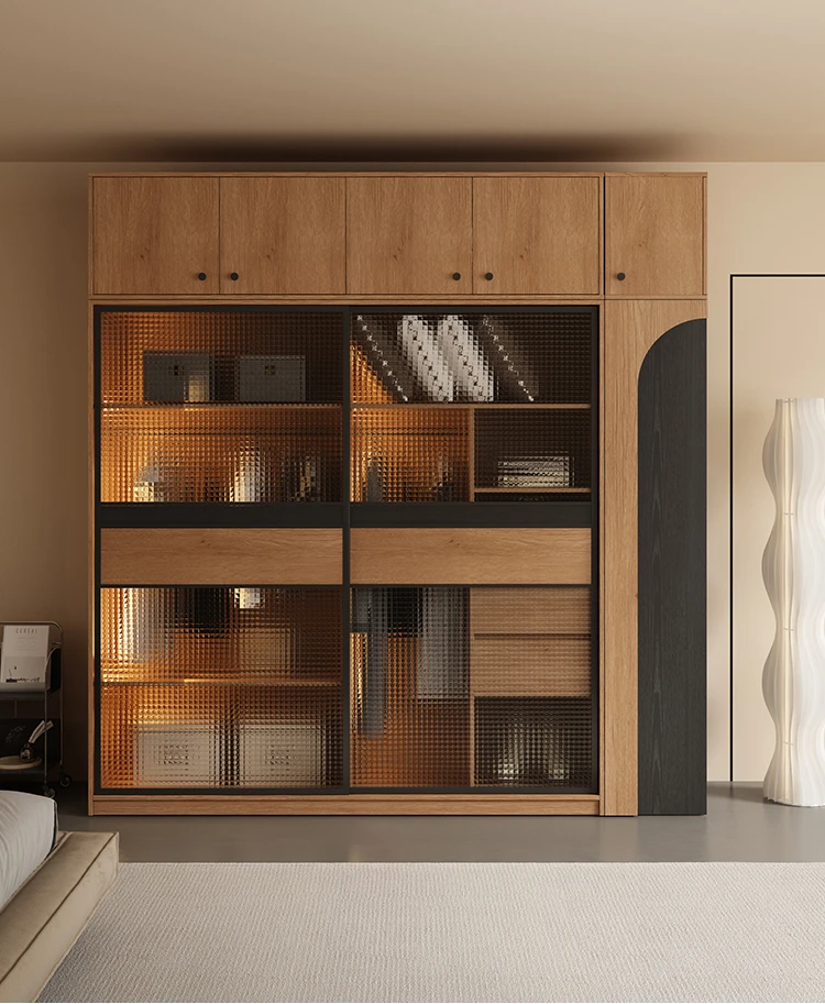 

Sliding door solid wood wardrobe, small unit bedroom storage cabinet, glass door storage wardrobe