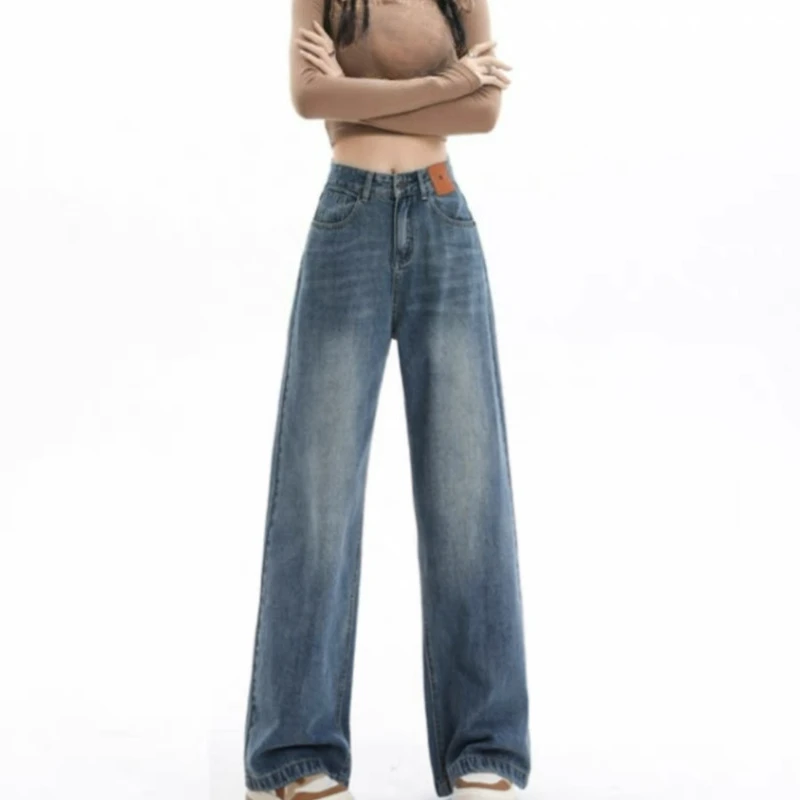 

Женские джинсы с высокой талией, весна-осень 2026, новый стиль, прямые свободные брюки-трубы в стиле ретро, утягивающие широкие брюки в пол