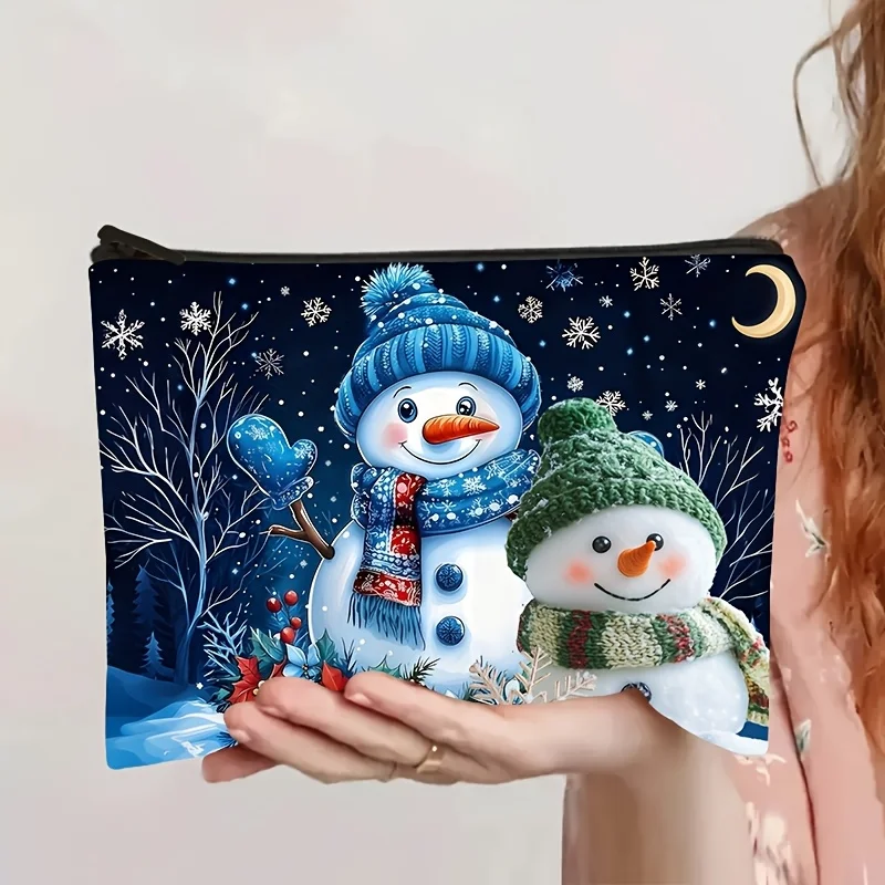 Christmas Tree Pattern Storage Bag, Winter Snow Scene Gift Box Silvery Egret Background Print, Santa Claus Snowman Makeup Bag