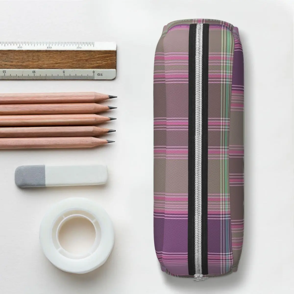 Green And Lilac Tartan Plaid Pencil Cases for Student Gifts Pen Box Pencil Bag Pencil Pouch Pen Holder view 6