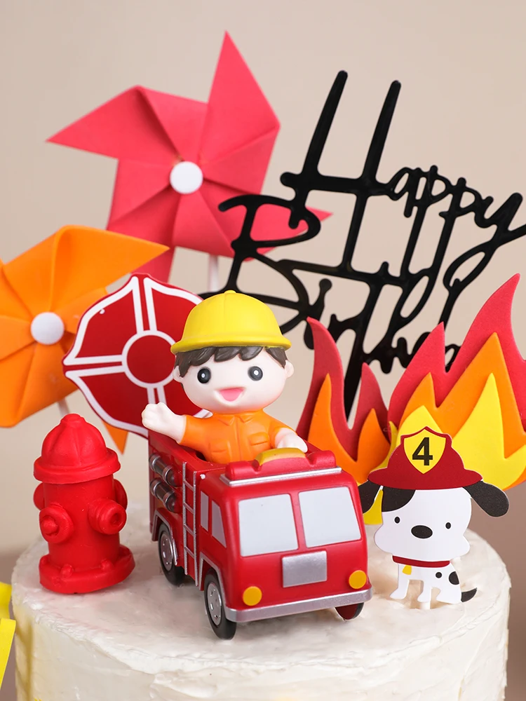 Firefighter Fire Truck Birthday Decoration Happy Birthday Cake Toppers for Boy Kids Day Party Supplies Firefighting Hero Themed